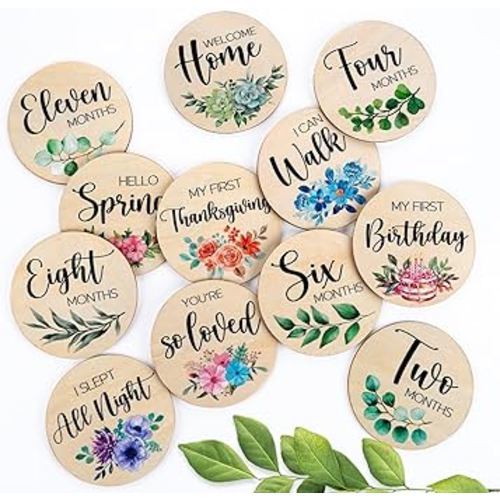 Beautiful Baby Monthly Milestone Cards - 12 Double Sided Milestone Wooden Circles Discs with Hello World Birth Sign for Girl Boy, Newborn Monthly Photography Props Keepsake for Baby´s First Year
