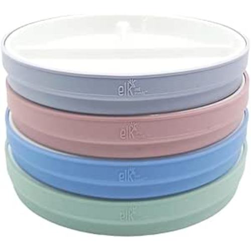 Elk and Friends Kids 6.7” Porcelain White Plates with Silicone Sleeves | Divided Plates | Suitable for Kids/Toddlers | Microwave & Dishwasher Safe | Non Slip | Snack Dishes