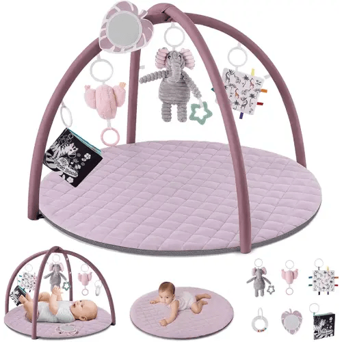 Blissful Diary Baby Play Gym Mat, Tummy Time Activity Mat with 6 Detachable Toys for Stage-Based Sensory & Motor Skill Development, Easy to Install & Clean, Baby Essentials Gift, Lavender Pink
