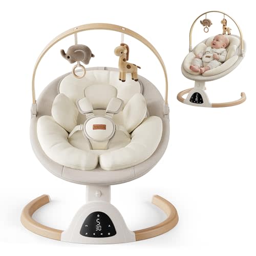 TinyGlow Baby Swings for Infants, Electric Baby Swing with Remote Control | Bluetooth Infant Swing with Music Speaker, 5 Speeds & 3 Timers Settings, Suitable for Indoor & Outdoor Use, Beige