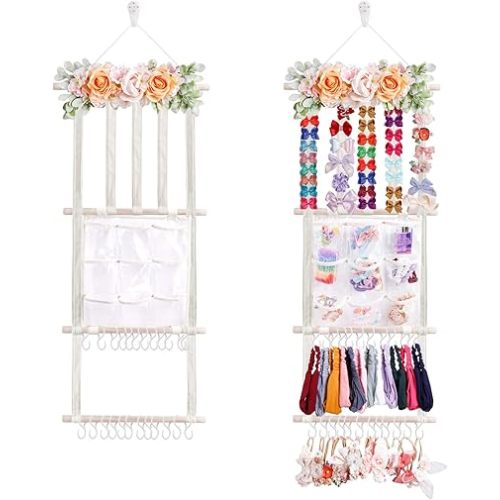 cherrboll Hair Bows Holder Headband Organizer for Girls, Hair Clips Hanger Storage with Hooks, Wall Hanging Decor for Nursery Room