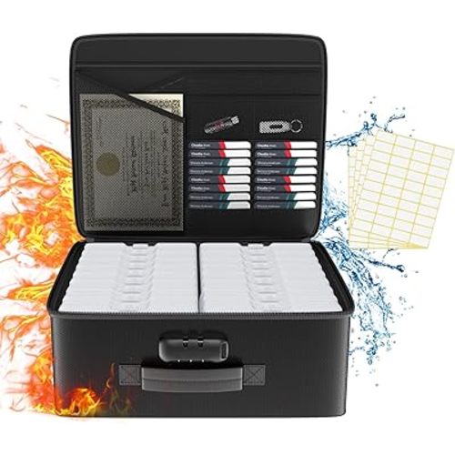 Fireproof Safe Photo Storage Box with 18 Inner 4" x 6" Clear Photo Cases, Portable Photo Organizer with Lock for Picture, Collapsible Photo Container with Handle and 18 Boxes 4 Sheet Label Stickers