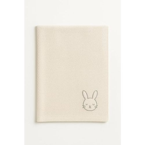 Knit Baby Blanket with Bunny Embroidery Soft Cotton Infant Blanket for Newborns Neutral Stroller Blanket for Boys & Girls Beige 30x40