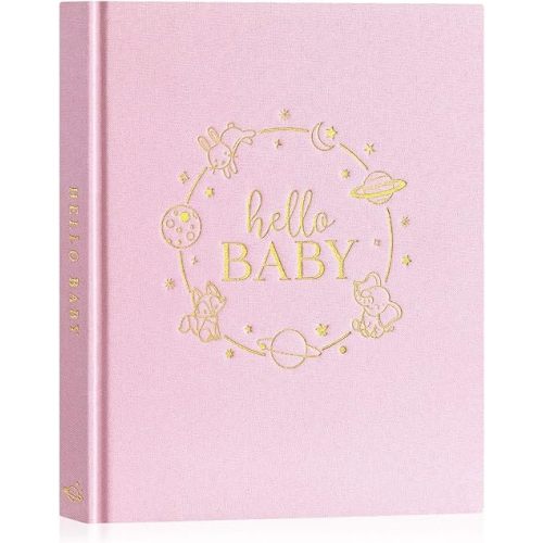 Lanpn Hello Baby Memory Book for Boy Girl - Linen Hardcover Baby Book Keepsake for New Parents - Newborn Baby First 5 Year Journal Scrapbook Photo Album Baby Milestone Book (Pink, 154 Pages)