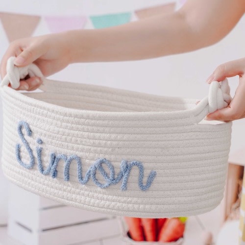 Baby Shower Gift, Personalized Baby Shower Basket, Boy Girl Toys Storage Cotton Rope Custom Name Organizer Nursery Newborn Knitting Baptism