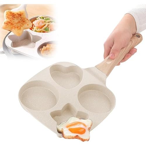 Non Stick Egg Frying Pan, Upgraded 4 Hole Egg Pan Nonstick Pancake Pan Aluminium Alloy Cooker for Breakfast Suitable for Both Induction Cookers and Gas Stoves (Beige)