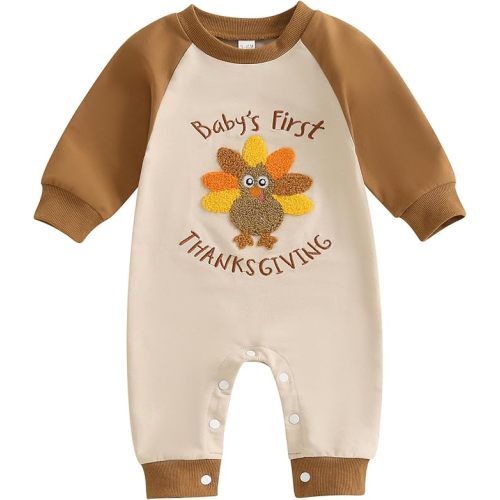 My First Thanksgiving Baby Boy Outfit Turkey Letter Embroidery Romper Long Sleeve Jumpsuit Cute Fall Clothes