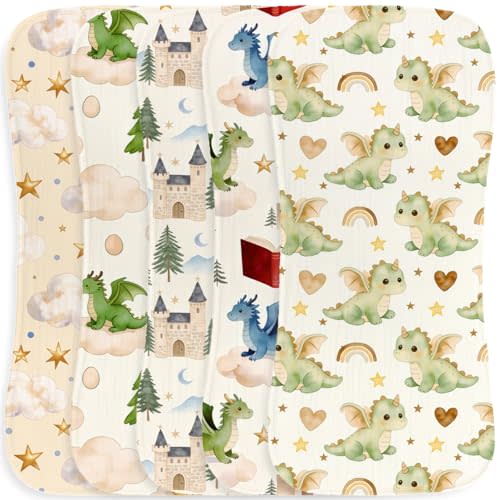 5 Pack Baby Burp Cloths, Soft Cotton Dragon & Castle Theme Burp Cloths, Super Absorbent Cute Magical Woodland & Knight Print Washcloths, Newborn Baby Boy Essentials Gift Set