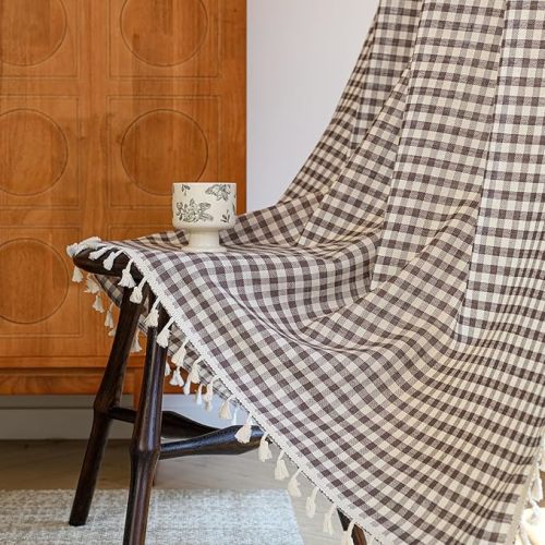 ENJOYBRIDAL Brown Plaid Curtains 84 Inch Length Semi Sheer Boho Drapes Bedroom Tassel Rod Pocket Farmhouse Window Curtain Panels for Living Room 2 Panels Light Filtering Gingham Window Treatments