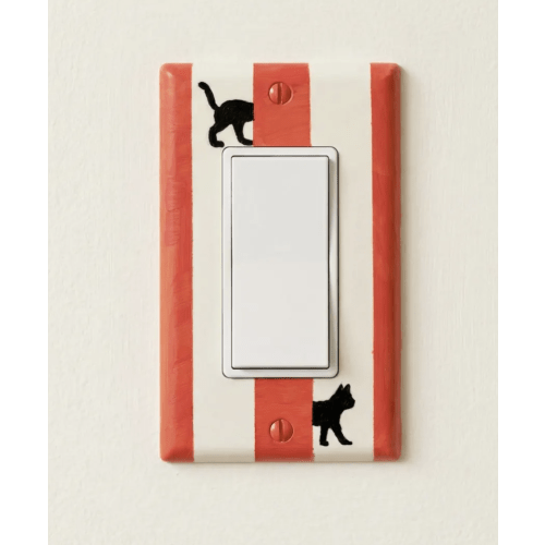 Hand-Painted Black Cat Light Switch Plate, Red Stripes Unique Wall Art, Home Outlet Cover, Other Colors Available!