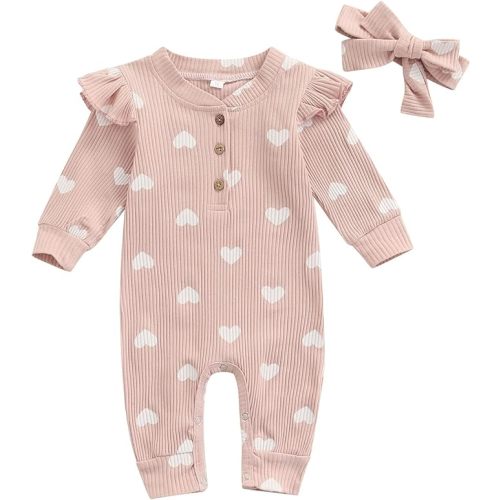 MoZiKQin Newborn Baby Girl Ruffle Romper Knit Sweater Onesie Jumpsuit Long Sleeve Zipper Onesie Solid Fall Winter Outfits - D Love Heart Pink - 0-3 Months