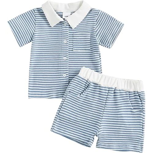 fhutpw Baby Toddler Boy Clothes Striped Button Down Shirt Tops + Elastic Waist Shorts Infant Boys Summer Outfits 2PCS Sets