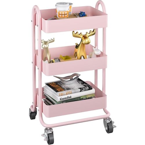 MIOCASA 3-Tier Metal Utility Rolling Cart, Heavy Duty Multifunction Cart with Lockable Casters, Easy to Assemble, Suitable for Office, Bathroom, Kitchen, Garden (Pink) (Metal&Pink)