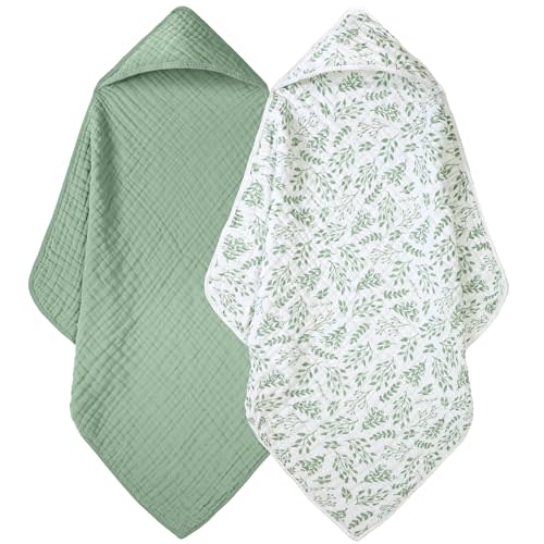 FIEMOL Baby Bath Towels, 100% Muslin Cotton Hooded Baby Towels for Newborn, Infant and Toddler, 2 Pack Soft and Absorbent Unisex Bath Essentials with Large 32x32Inch Size