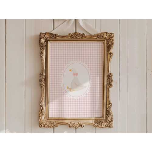 Cute Goose Nursery Print | Silly Goose Art | Cottagecore Nursery Decor | Coquette Bow Duck Print | Gingham Pink Girls Room Digital Download
