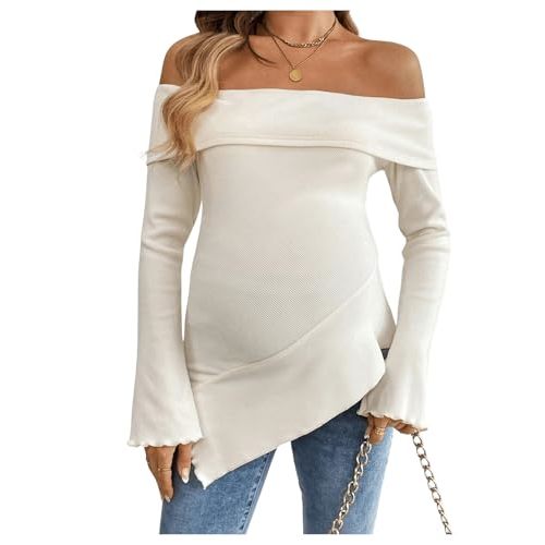 MakeMeChic Women's Maternity Tops Off Shoulder Lettuce Trim Flounce Sleeve Pregnancy Shirt
