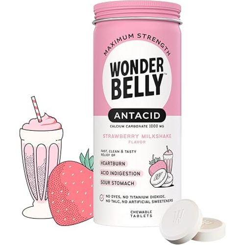 Wonderbelly Antacid Effective Heartburn and Instant Acid Indigestion Relief Extra Strength Chewable Tablets 1000 mg Calcium Carbonate No Talc or Dye Strawberry Milkshake 50 count