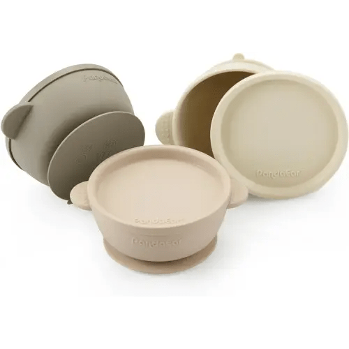 PandaEar 3 Pack Baby Bowls with Suction| Leak-Proof Stay Put Silicone Food Bowl with Lids for Babies Kids Toddlers Infants| Food Grade Soft Safe BPA-Free Silicone (Linen Brown Tan)