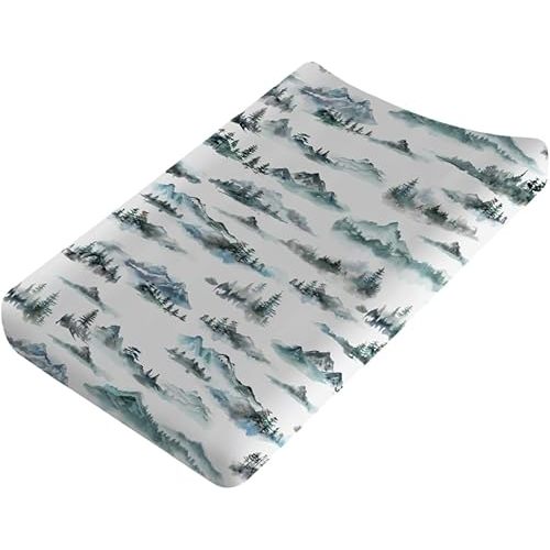 Watercolor Misty Forest Painting Baby Changing Table Pad Covers for Boy Girl 32''x16'' Woodland Mountain Foggy Fitted Changing Table Sheets Soft Breathable Diaper Changing Table Mats Covers