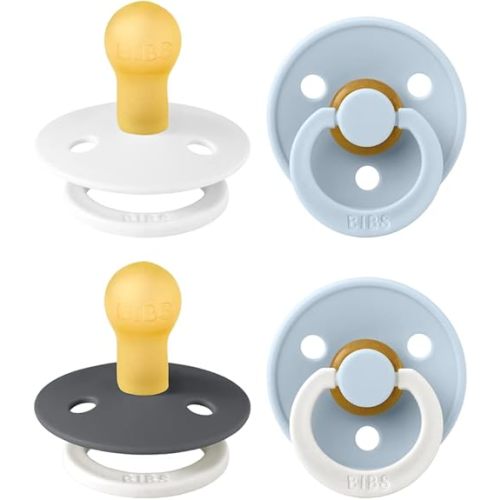 BIBS Colour Soother 4-Pack | BPA Free Dummy Pacifier | Round Nipple | Natural Rubber Latex | Made in Denmark | Size 0-6 Months | White Glow Mix