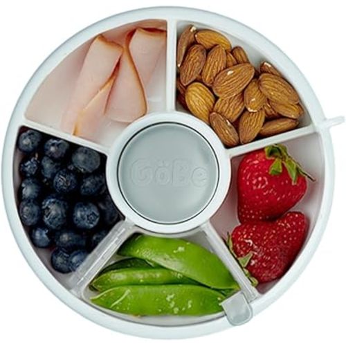 GoBe Kids Small Snack Spinner Flip Bundle with Hand Strap and Sticker Sheet - Reusable Snack Container with 5 Compartment Dispenser and Lid | BPA/PVC Free | Dishwasher Safe | No Spill- GoBe Grey