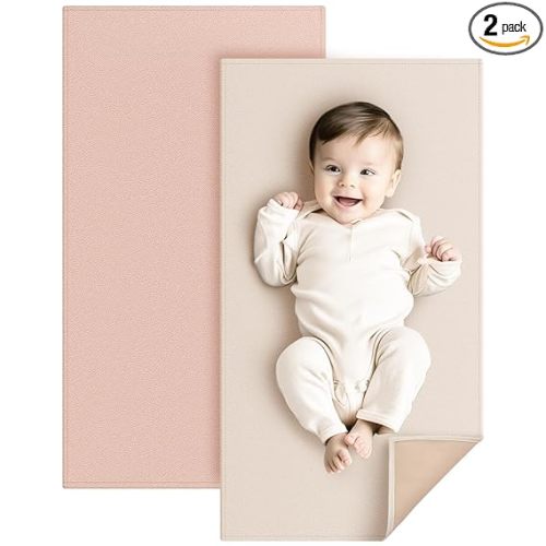Konssy Faux Leather Baby Changing Mat, Waterproof, Wipeable & Portable Diaper Changing Pad for Travel or Home, Fits Perfectly in Diaper Bag, 30 x 17 inches (Blush,Beige)