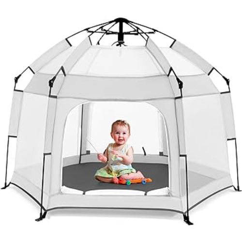 Baby Playpen with Canopy, Portable Baby Beach Tent, Toddler Play Yard Indoor and Outdoor, Foldable Mosquito Net for Infant - White
