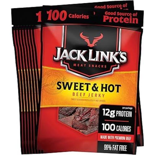 Jack Link's Beef Jerky, Sweet & Hot, Spicy Meat Snack for Lunches – 12g of Protein and 100 Calories, Made with 100% Beef - 96% Fat Free, No Added MSG** or Nitrates/Nitrites, 1.25 oz (Pack of 10)