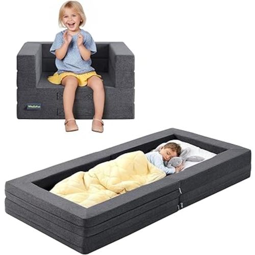 Travel Toddler Bed, 3-in-1 Convertible Sofa Bed for Toddler Portable Floor Beds, Flip Open Sofa Lounger for Girls and Boys, Made with High-Density Foam and Washable Cover,Gray