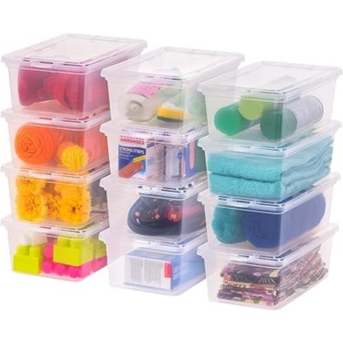 IRIS USA 7 Quarts Plastic Storage Container Bin with Latching Lid, 12 Pack, Nestable Box Tote Closet Game Organization Teacher Tools Art Supplies Shoe Shoebox Stackable