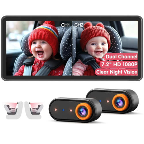 BM5 PRO Baby Car Camera for 2 Kids, 7.2" 1080P Dual Channel Display for Car Seat, Easy Installation with 2 IR Night Vision Cameras, Rear Seat Safety for Babies and Pets