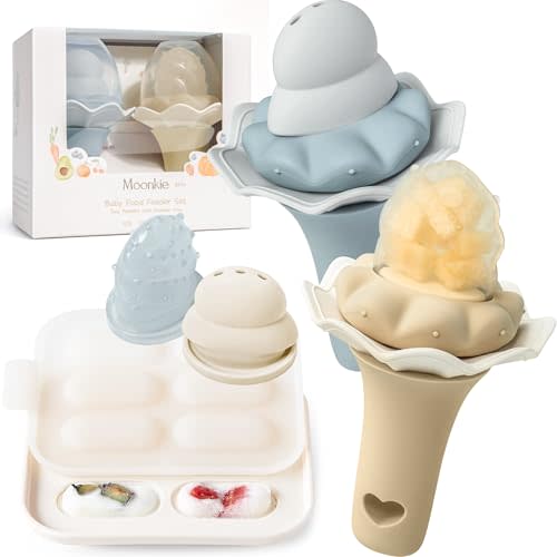 Moonkie Baby Fruit Feeder with Freezer Tray | BPA Free Silicone Infant Food Feeder | Two Sizes Pouches and Breastmilk Popsicle Molds for Cooling Relief | Baby Shower Gifts 4 Months+, 2 Pack
