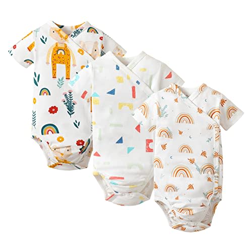 DEFAHN Baby Side Snap Bodysuit Kimono Onsies Newborn Boy Girl 3-Pack 100% Cotton Basic Pattern Kimono Bodysuits