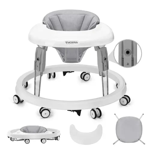 One-Touch Folding Baby Walker, Anti-Roll 8-Wheel Round Chassis, 7-Speed Height Adjustment, with Large Dinner Plate and Brake, 6-18 Months Baby Walker, Gray