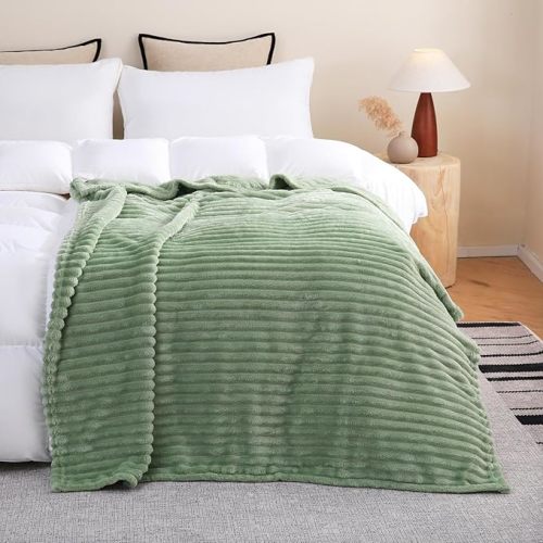 Sage Green Fleece Throw Blanket 50”×70” for Couch Sofa Bed,Super Soft Cozy Plush Microfiber Flannel Blanket with Stripes Design Lightweight for Adults,Woman,Girls