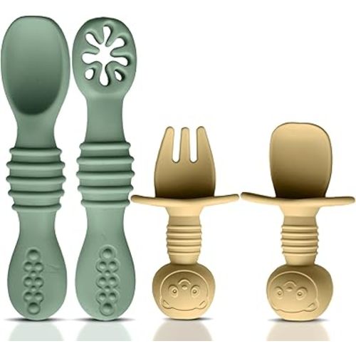 4pc Silicone Baby Spoons Self Feeding Baby Utensils 6-12 Months - 3 Baby Spoon - 1 Baby Fork - Toddler Cutlery Set - BPA Free, Dishwasher Safe - Baby Eating Essentials (Green/Yellow) - Small