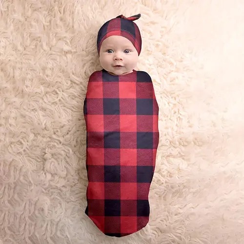 Itzy Ritzy Cocoon & Hat Swaddle Set, Cutie Cocoon Includes Name Announcement Card & Matching Jersey Knit Cocoon & Hat Set, Perfect for Newborn Photos, for Ages 0 to 3 Months, Buffalo Plaid