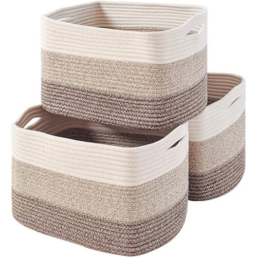 Storage Baskets for Organizing Shelves, Woven Cotton Rope Bins for Baby Nursery Organization, Book Toy Towel Organizer, 15"x11"x9.5", 3 Packs, Gradient Brown