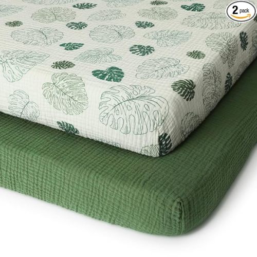 Muslin Mini Crib Sheets, Pack and Play Mattress Sheets Fitted for Pack N Play, Soft Cotton for Boys Girls, 2 Pack(Monstera&Dark Green)