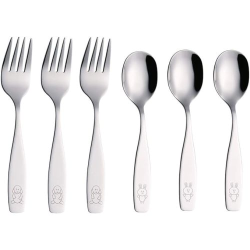 ANNOVA Kids Silverware 6 Pieces Children's Safe Flatware Set Stainless Steel - 3 x Forks, 3 x Children Dinner Spoons, Toddler Utensils, Metal Cutlery Set for LunchBox (Engraved Dog Bunny)
