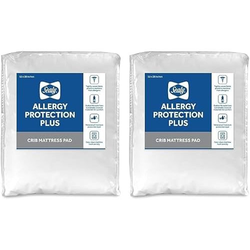 Sealy Baby Allergy Protection Plus Fitted Waterproof Infant Crib Mattress Protector Pad and Toddler Bed Cover, Durable & Comfortable Topper, Machine Washable and Dryer Friendly, 52” x 28”- White