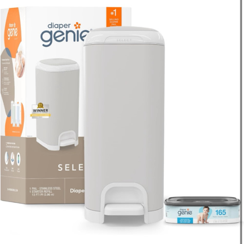 Diaper Genie Select Pail (Grey) is Made of Durable Stainless Steel and Includes 1 Starter Square Refill That can Hold up to 165 Newborn-Sized Diapers.