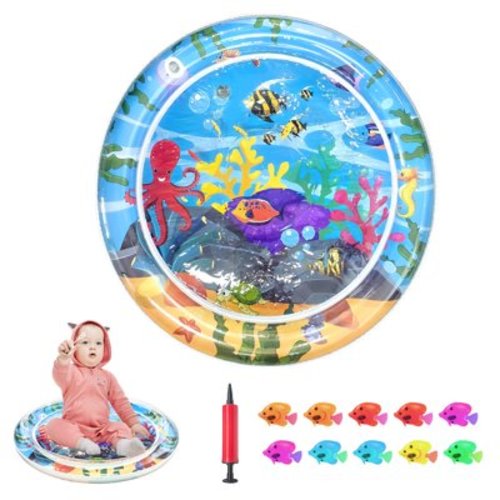Rechale Tummy Time Water Mat,25.6" Extra-Thick PVC Infant Playmat with Built-In Air Pump & 10 Floating Fish Toys,Waterproof Developmental Toy for 3-24 Month Babies,