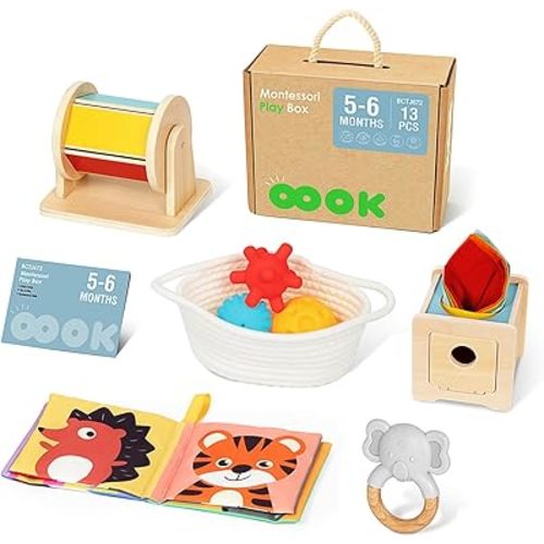 Montessori Toys for Babies 0-6 Months, All-in-1 Newborn Toys with Baby Tissue Box Toy, Spinning Drum, Sensory Balls with Storage Basket, Cloth Book and Elephant Teether.