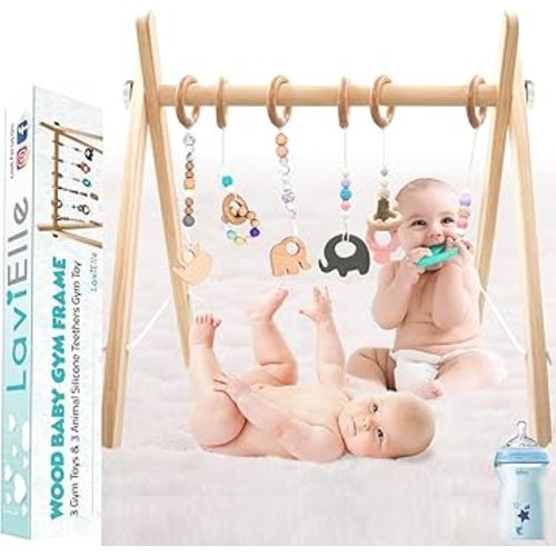 LAVIELLE Wooden Baby Gym with 6 Baby Toys, Foldable Baby Play Gym with Teethers, Play Gym Frame Activity Gym Hanging Bar, Baby Gym Activity Center for Newborn