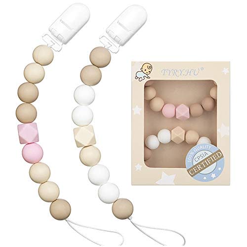 Pacifier Clip Baby Girls Binky Holder Soothie Paci Clip Silicone Bead Teething Relief Teether Toy Baby Birthday Christmas Shower Gift Set of 2 (Pink, Beige)