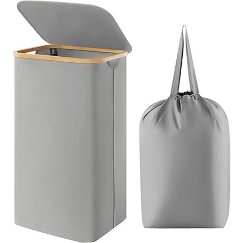 Lifewit 100L Foldable Laundry Basket with Lid, Bamboo Handles and Removable Bag, Silver Grey