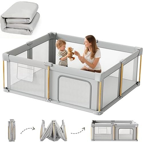 Foldable Baby Playpen with Mat, 79x71 Foldable Play Pen for Babies and Toddlers, Baby Playpen with Portable Design, Collapsible Play Yard for Fence Indoor and Outdoor