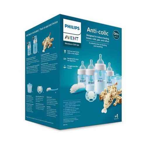 Philips AVENT Anti-Colic Baby Bottle with AirFree Vent Newborn Gift Set with Snuggle, Blue, SCD307/03