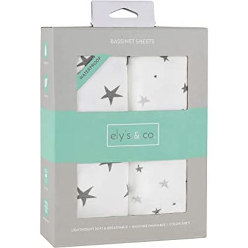 Ely’s & Co. Patent Pending Waterproof Bassinet 2-Pack Set for Baby Boy - 100% Cotton, Jersey Knit Cotton Sheets with Waterproof Lining — Grey Stars